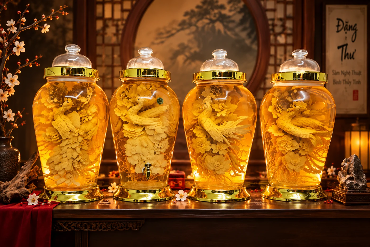 Bốn bình thủy tinh Đặng Thư sau khi hoàn thiện sâm nghệ thuật