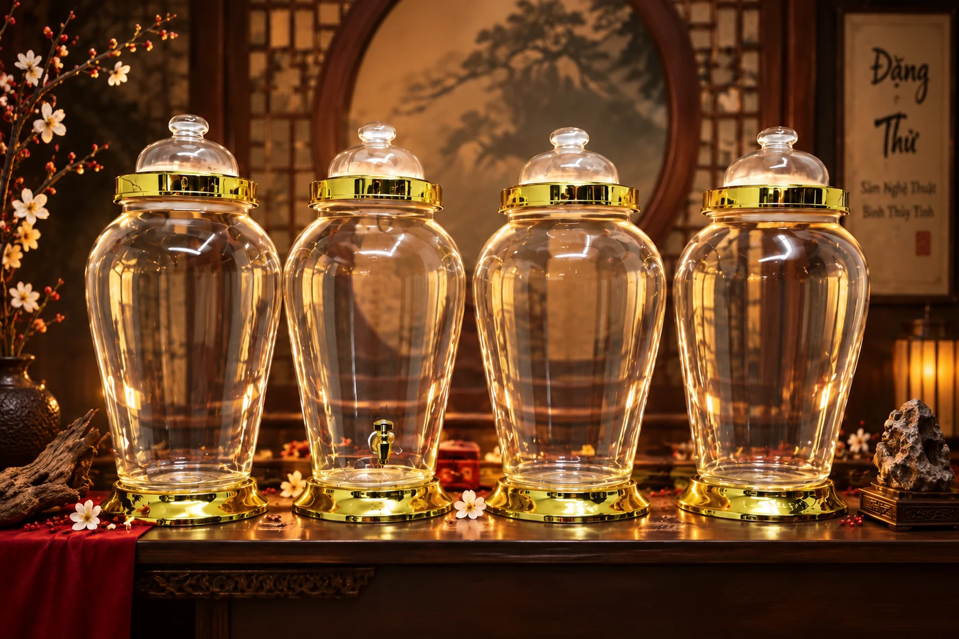 Bốn bình thủy tinh Đặng Thư ở trạng thái rỗng